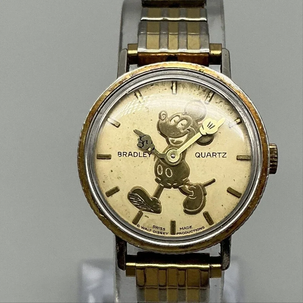Vintage Bradley Mickey Mouse Womens Watch 24mm Gold Tone Pie Eye New Battery